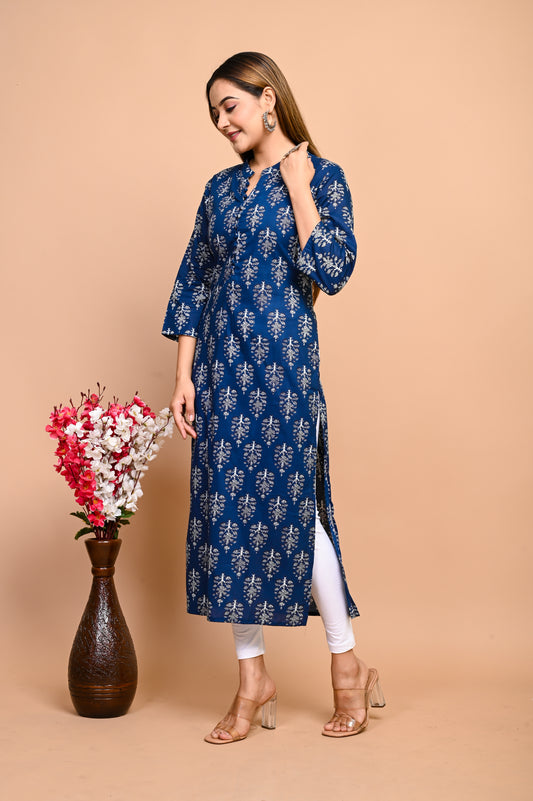 Jaipuri Deep Sea Blue Buti Print 100% Cotton Straight Kurti