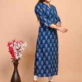 Jaipuri Deep Sea Blue Buti Print 100% Cotton Straight Kurti