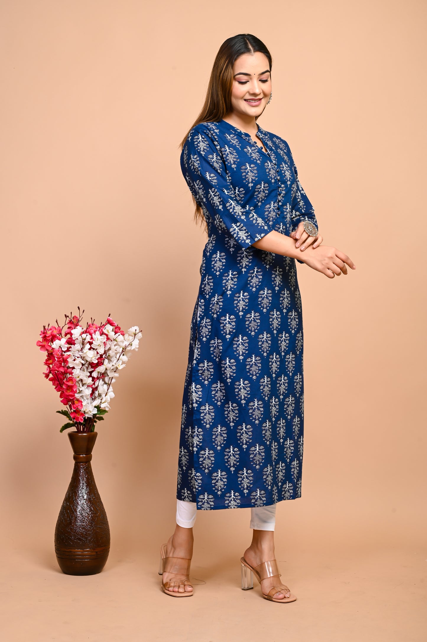 Jaipuri Deep Sea Blue Buti Print 100% Cotton Straight Kurti