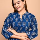 Jaipuri Deep Sea Blue Buti Print 100% Cotton Straight Kurti