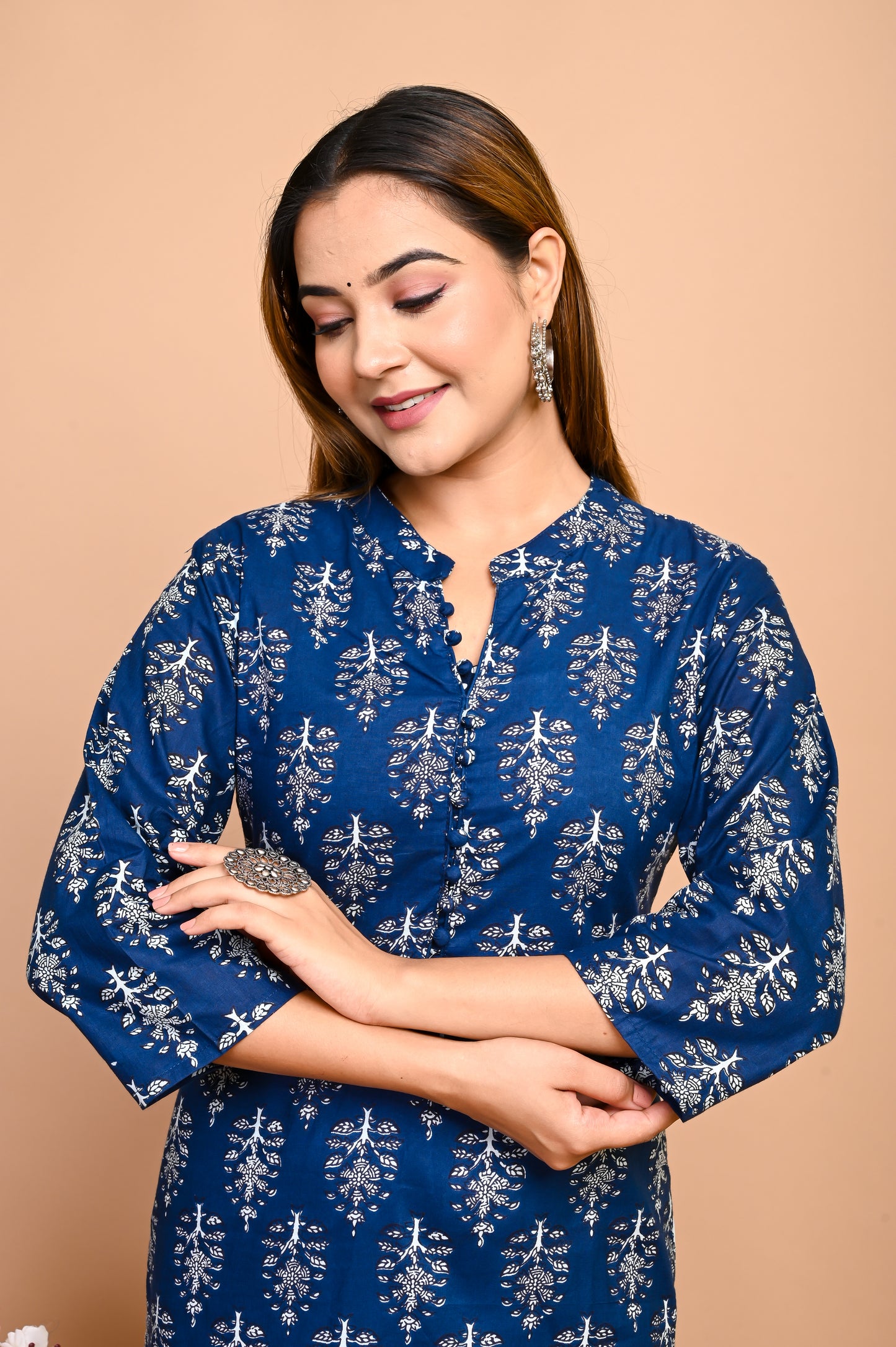 Jaipuri Deep Sea Blue Buti Print 100% Cotton Straight Kurti