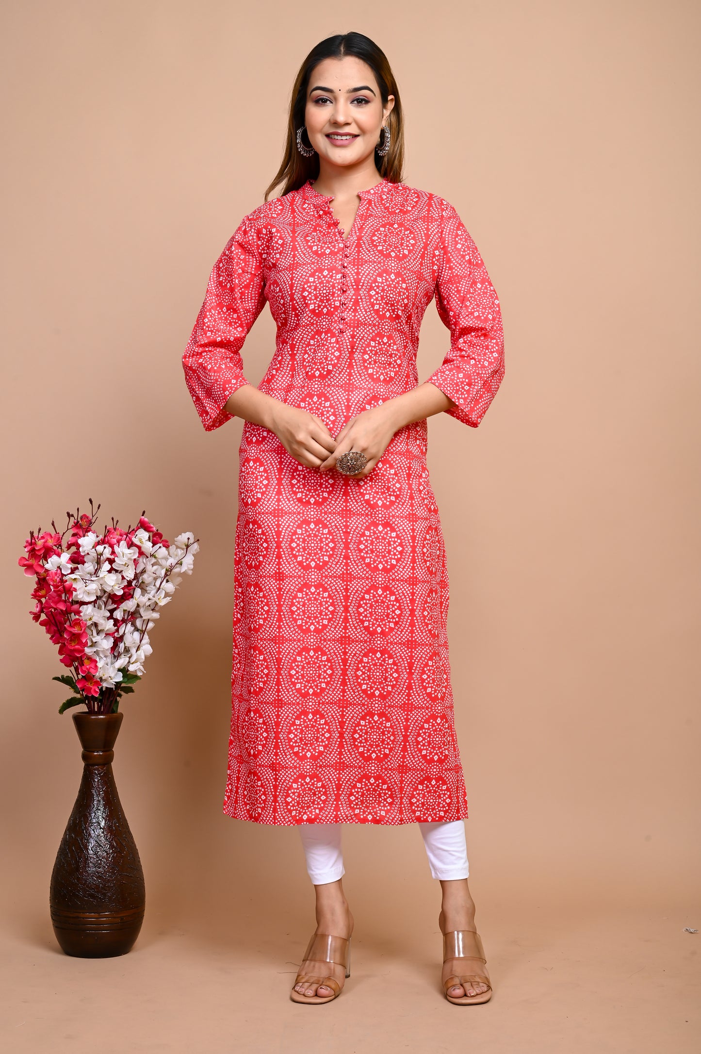 Jaipuri Red Bandhani Colour Jaal Print 100% Cotton Straight Kurti