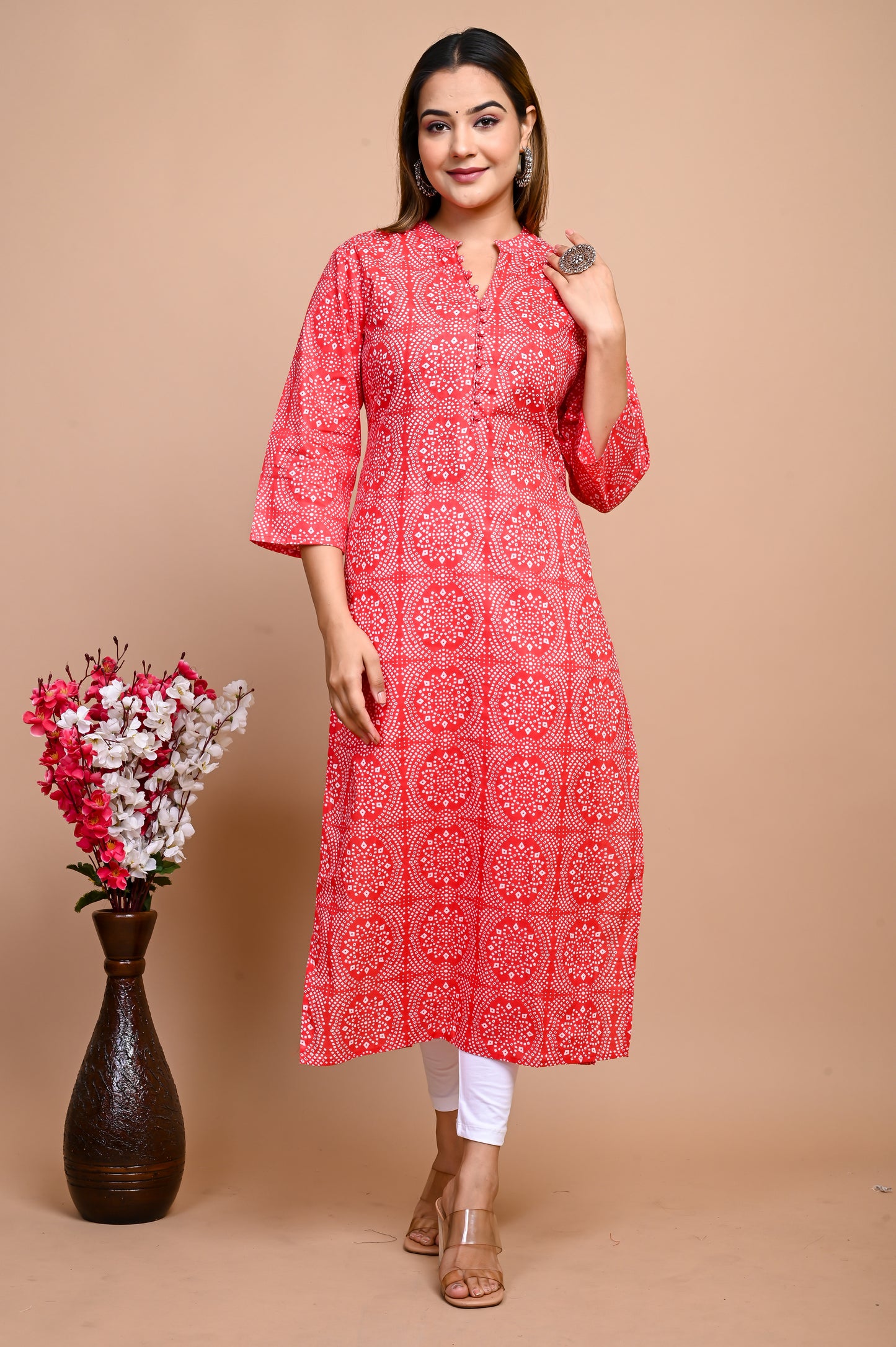 Jaipuri Red Bandhani Colour Jaal Print 100% Cotton Straight Kurti