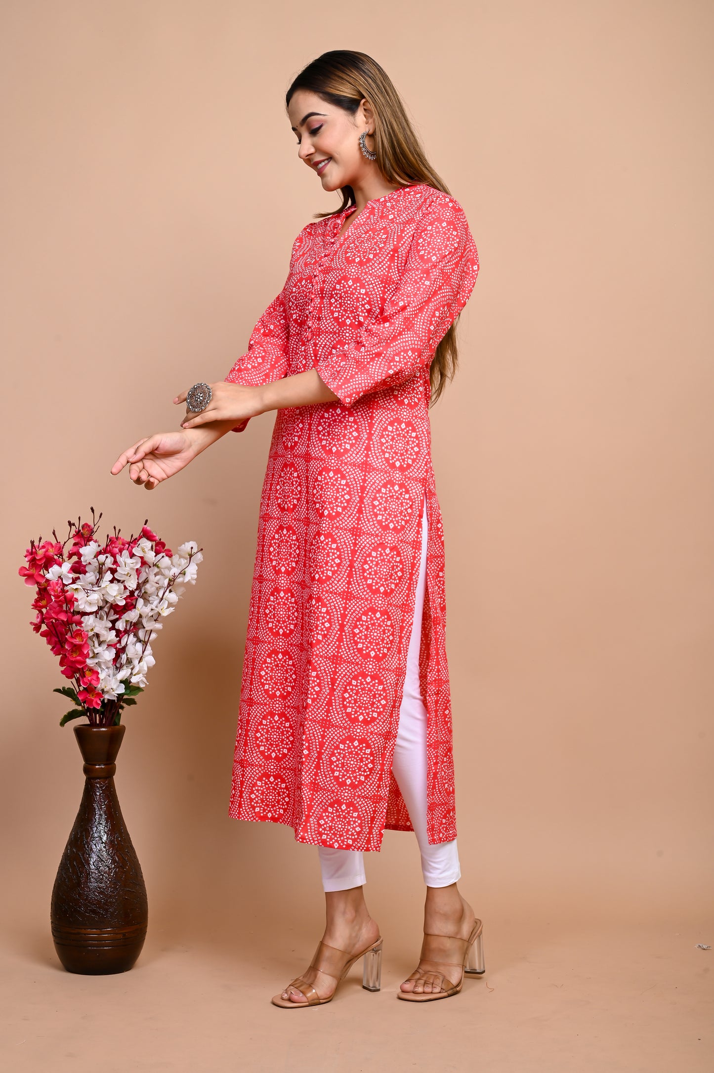Jaipuri Red Bandhani Colour Jaal Print 100% Cotton Straight Kurti