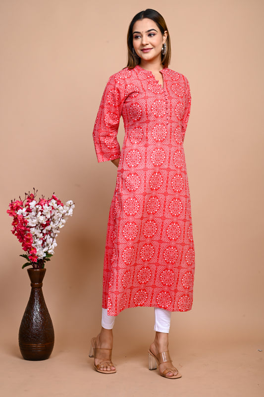 Jaipuri Red Bandhani Colour Jaal Print 100% Cotton Straight Kurti
