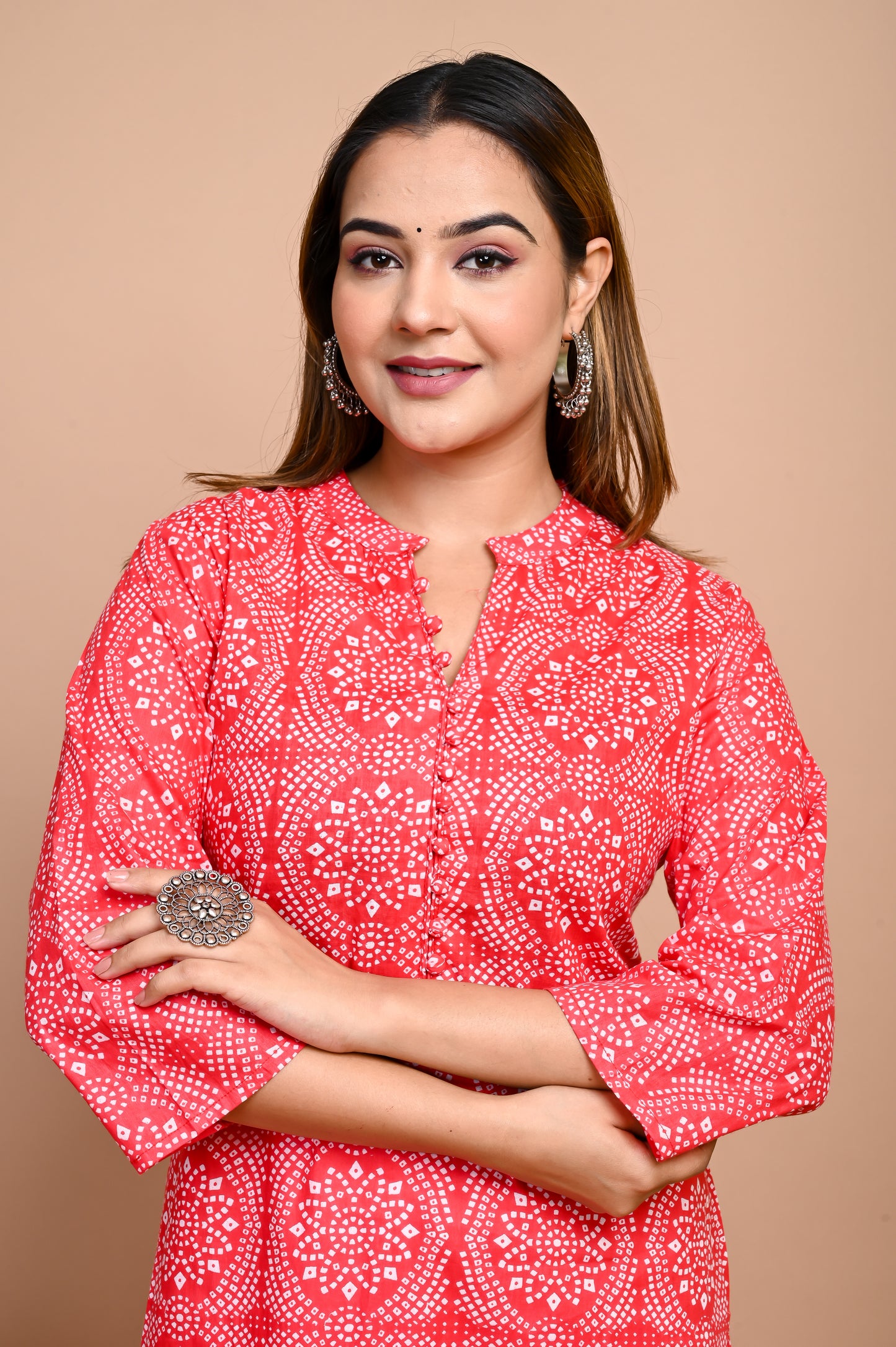 Jaipuri Red Bandhani Colour Jaal Print 100% Cotton Straight Kurti