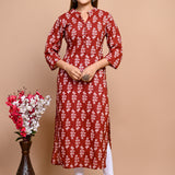 Jaipuri Brick Red Jaal Print 100% Cotton Straight Kurti