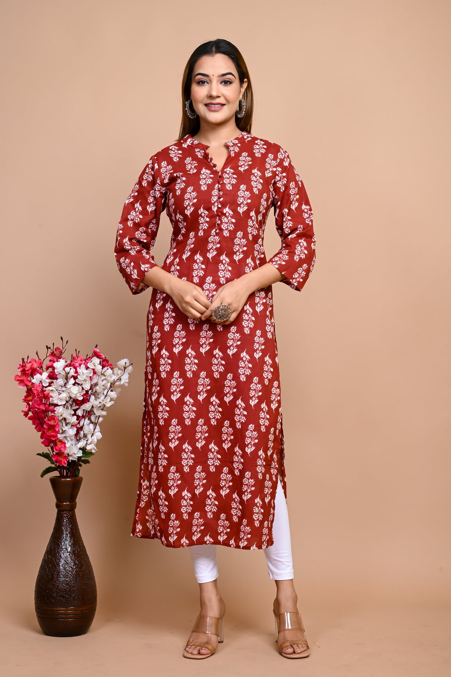 Jaipuri Brick Red Jaal Print 100% Cotton Straight Kurti