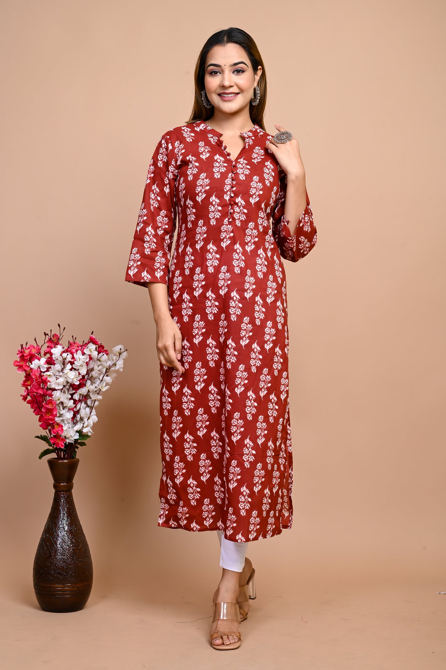 Jaipuri Brick Red Jaal Print 100% Cotton Straight Kurti