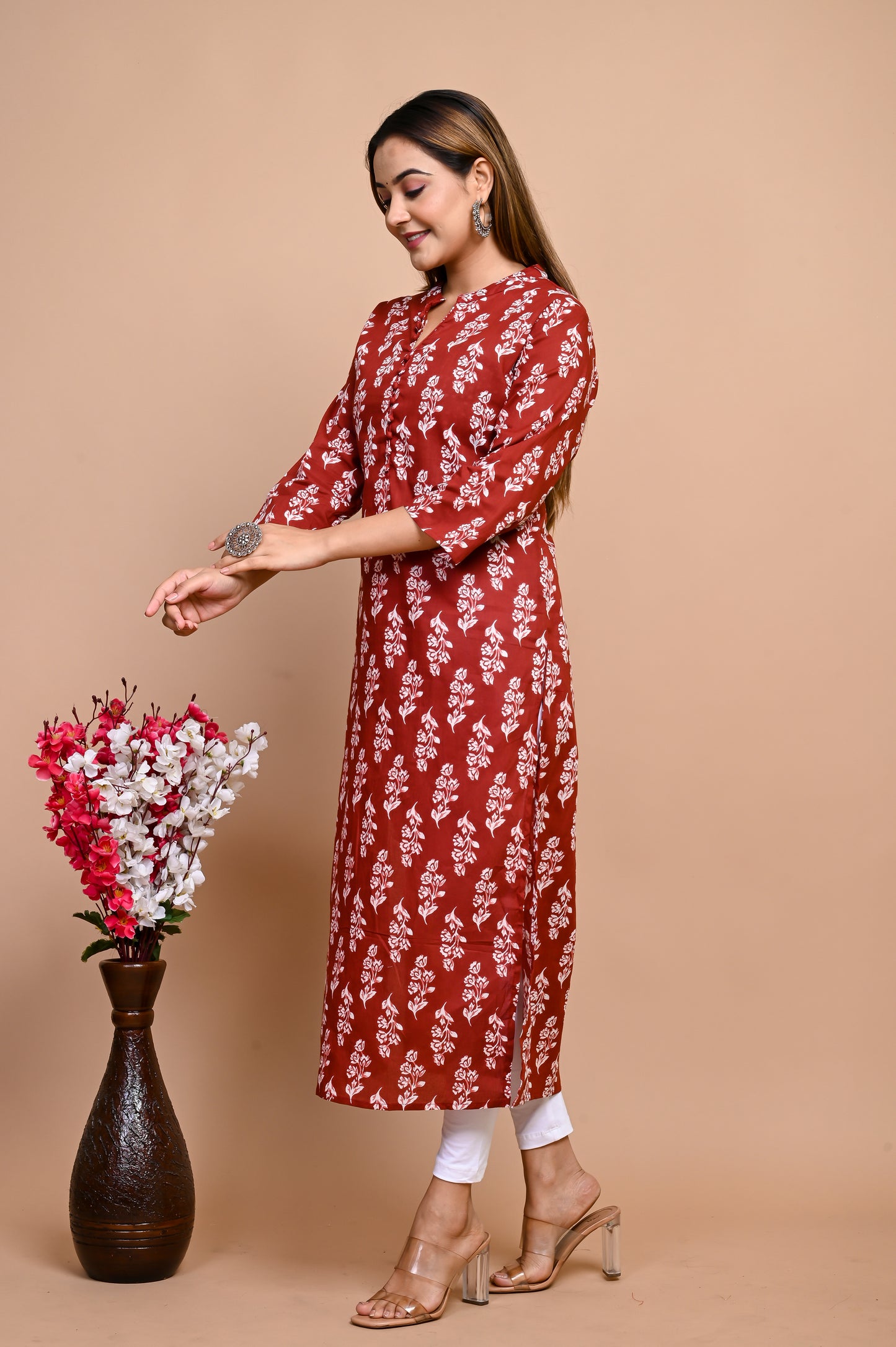 Jaipuri Brick Red Jaal Print 100% Cotton Straight Kurti