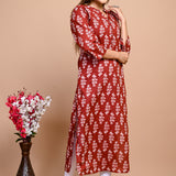 Jaipuri Brick Red Jaal Print 100% Cotton Straight Kurti