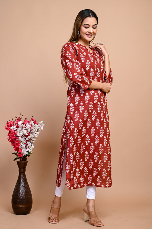 Jaipuri Brick Red Jaal Print 100% Cotton Straight Kurti