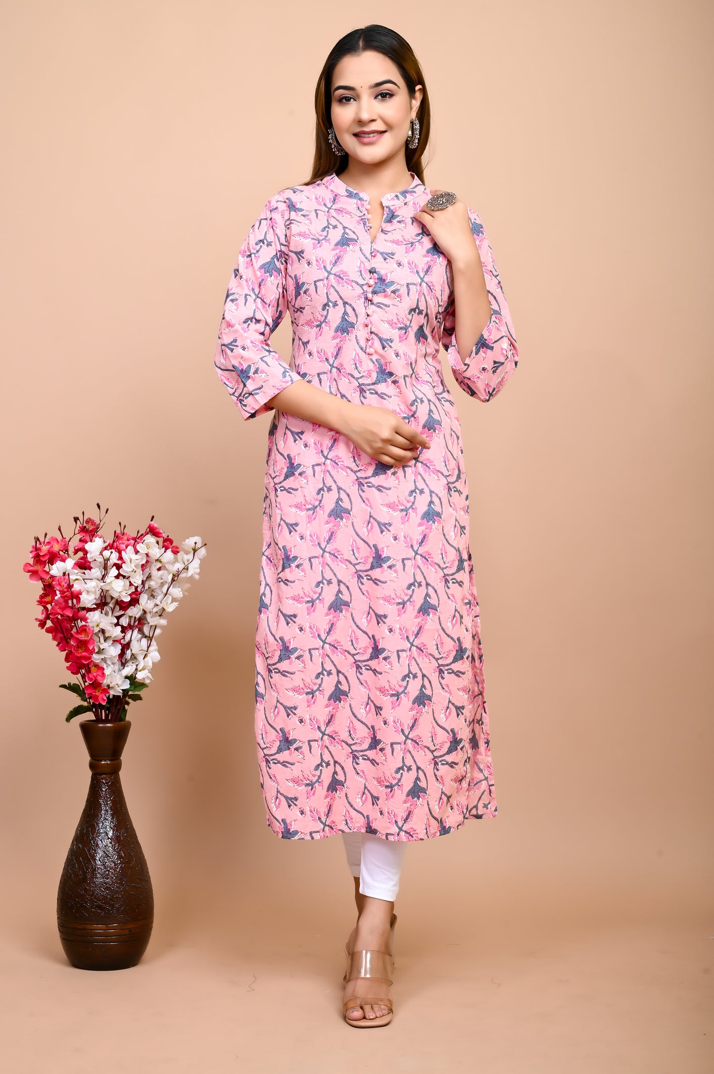 Jaipuri Blush Pink Jaal Print 100% Cotton Straight Kurti
