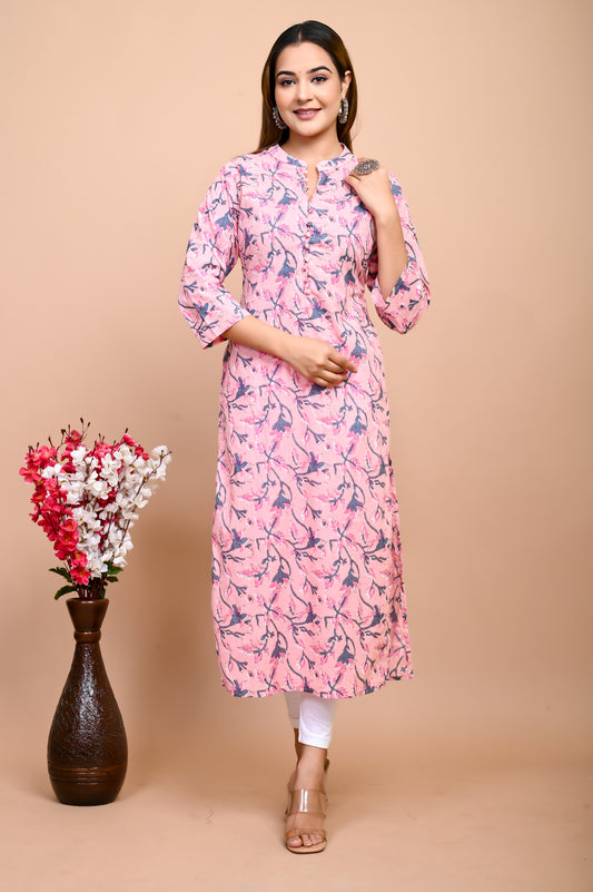 Jaipuri Blush Pink Jaal Print 100% Cotton Straight Kurti