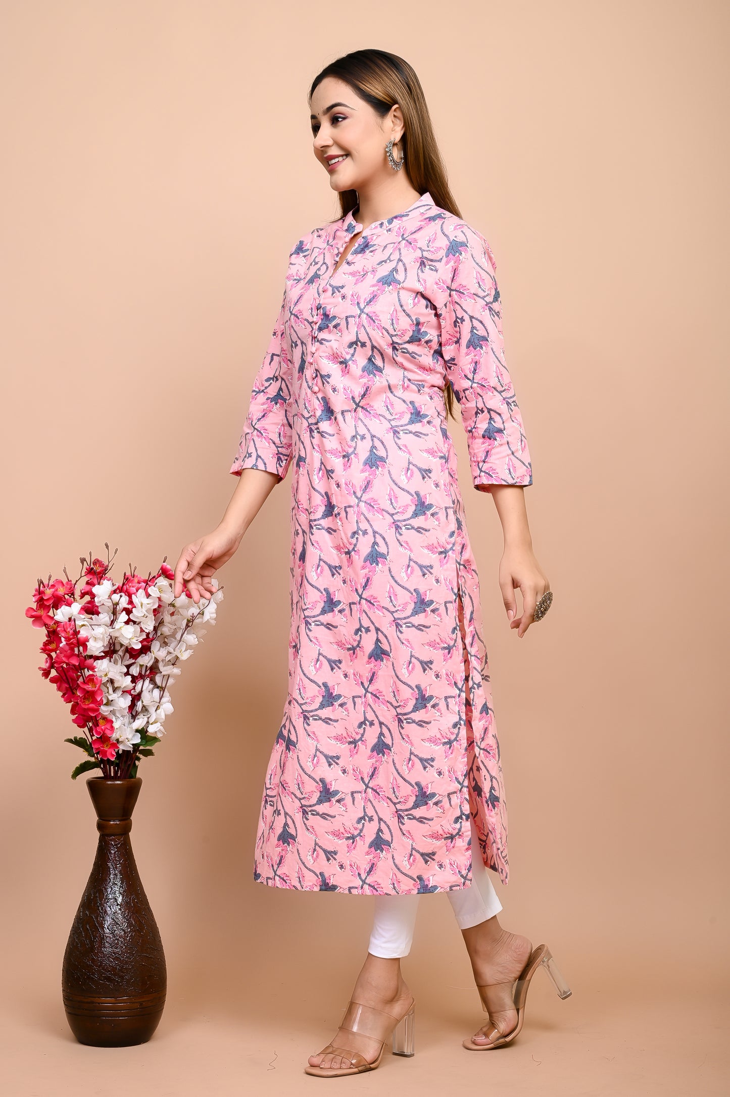Jaipuri Blush Pink Jaal Print 100% Cotton Straight Kurti