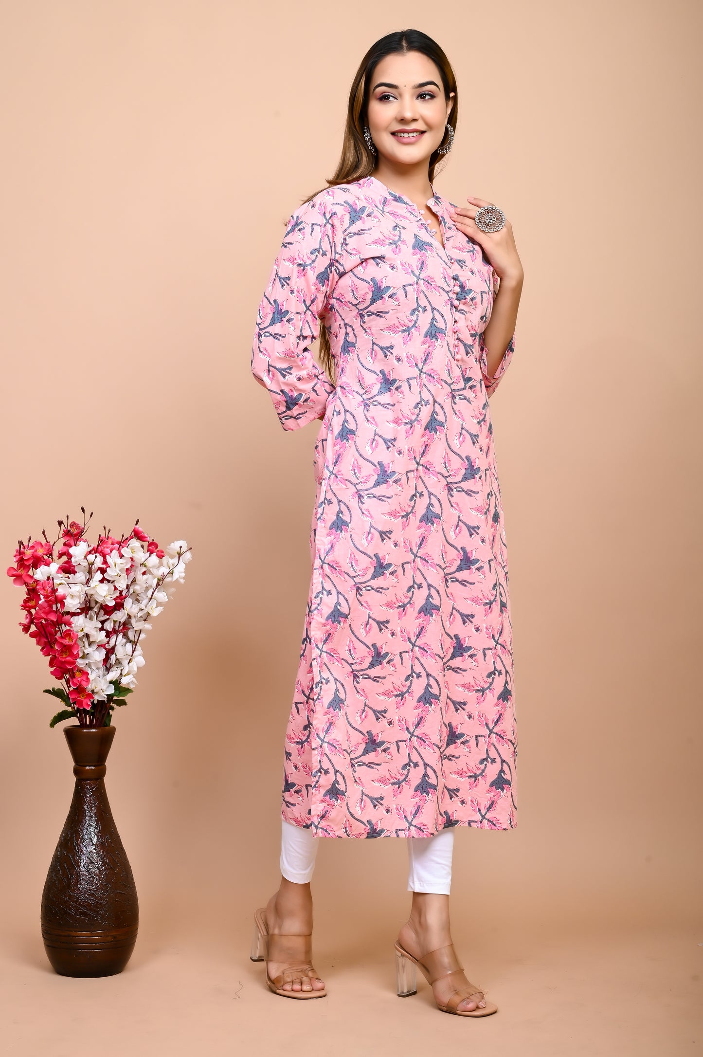 Jaipuri Blush Pink Jaal Print 100% Cotton Straight Kurti