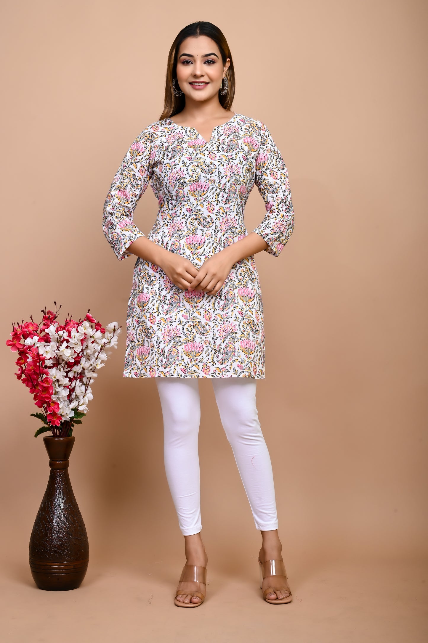 Jaipuri Pink Floral Jaal 100% Cotton Short Kurta