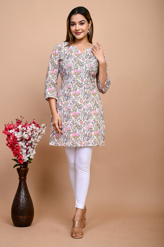 Jaipuri Pink Floral Jaal 100% Cotton Short Kurta