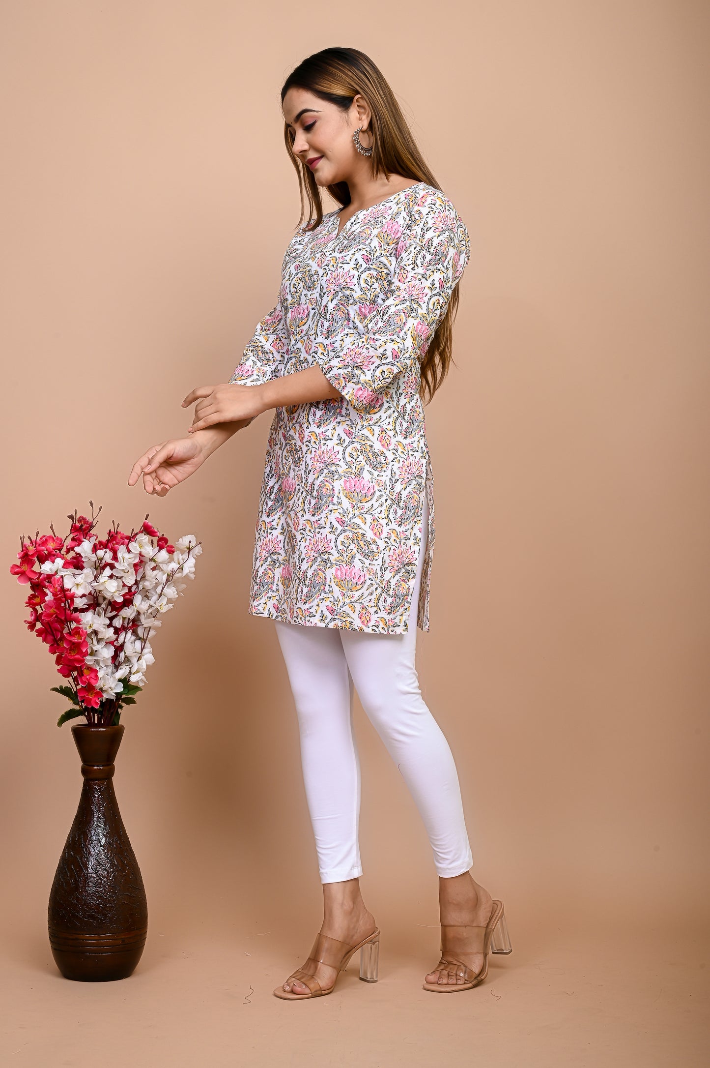 Jaipuri Pink Floral Jaal 100% Cotton Short Kurta