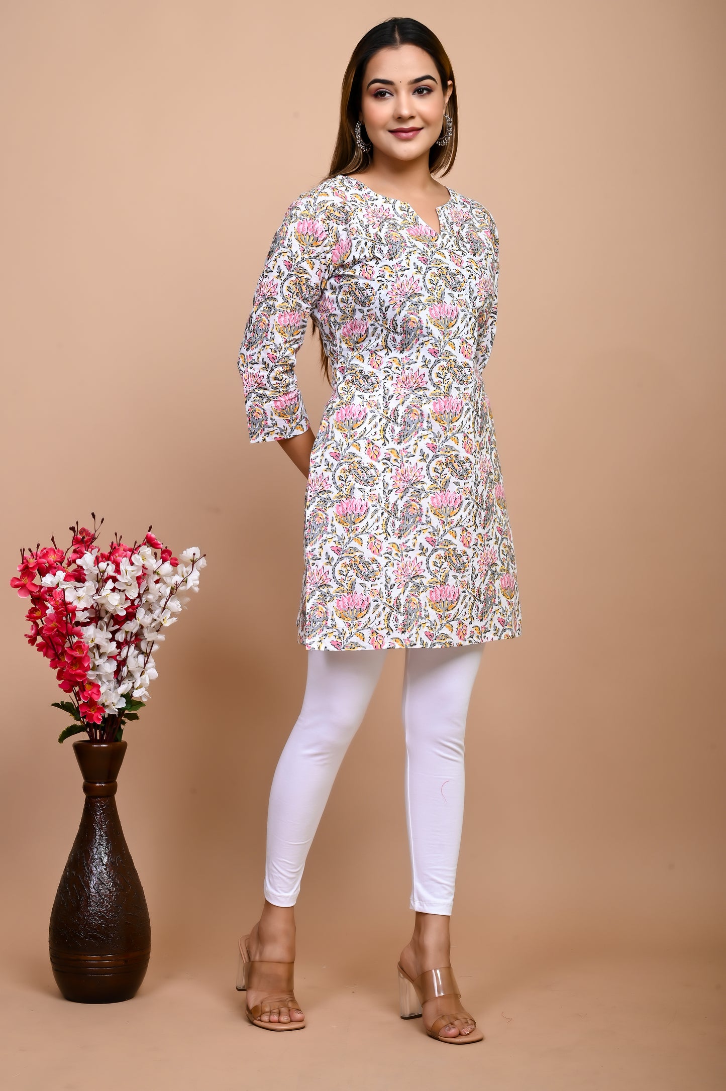 Jaipuri Pink Floral Jaal 100% Cotton Short Kurta