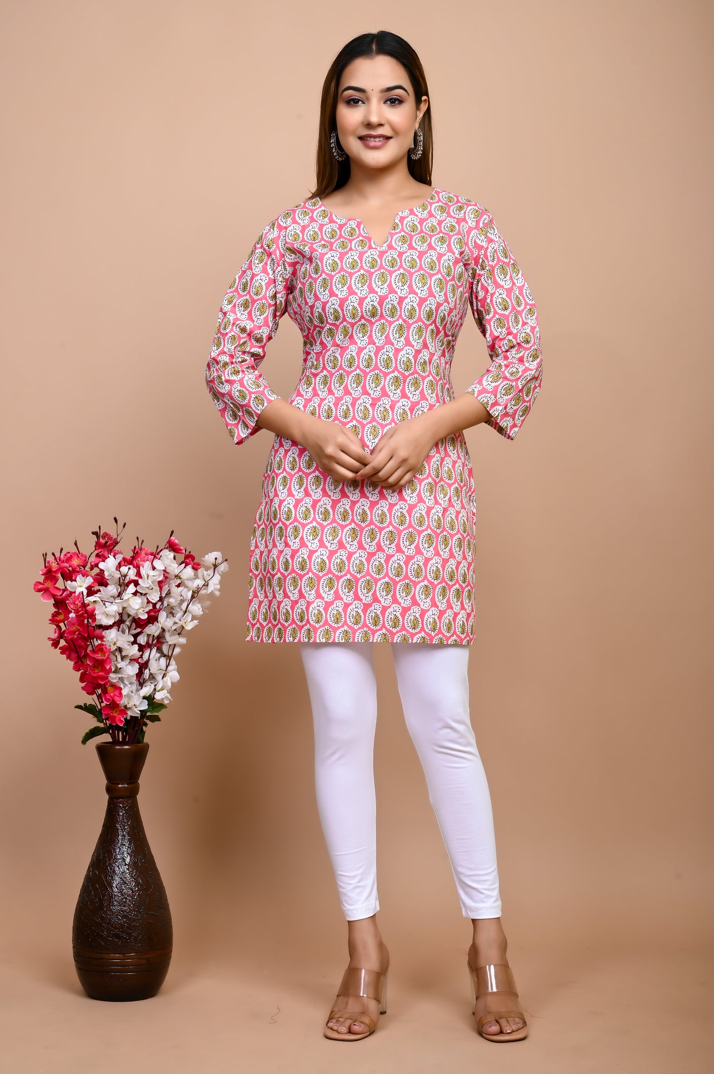 Jaipuri Pink Butti 100% Cotton Short Kurti