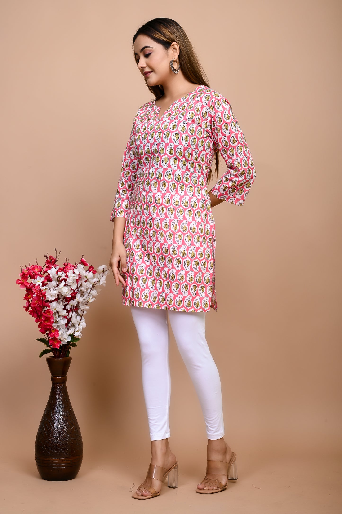 Jaipuri Pink Butti 100% Cotton Short Kurti
