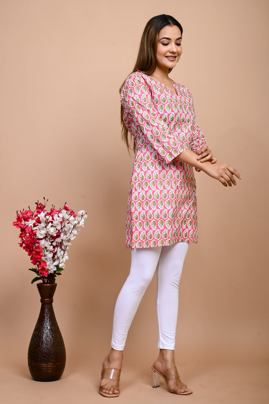 Jaipuri Pink Butti 100% Cotton Short Kurti