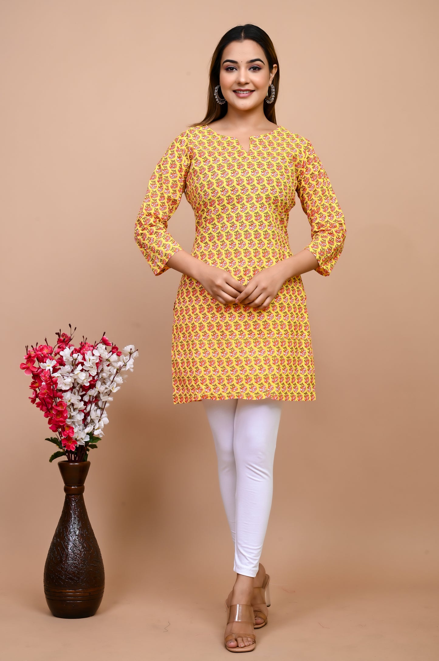 Jaipuri Yellow Butti 100% Cotton Short Kurti