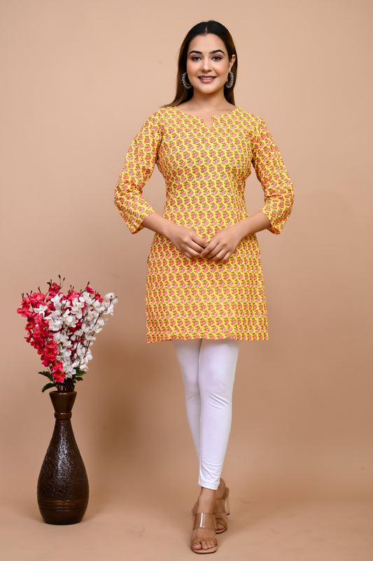 Jaipuri Yellow Butti 100% Cotton Short Kurti