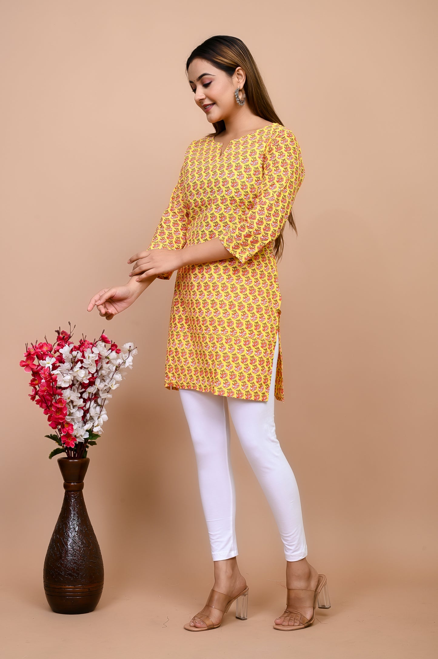 Jaipuri Yellow Butti 100% Cotton Short Kurti