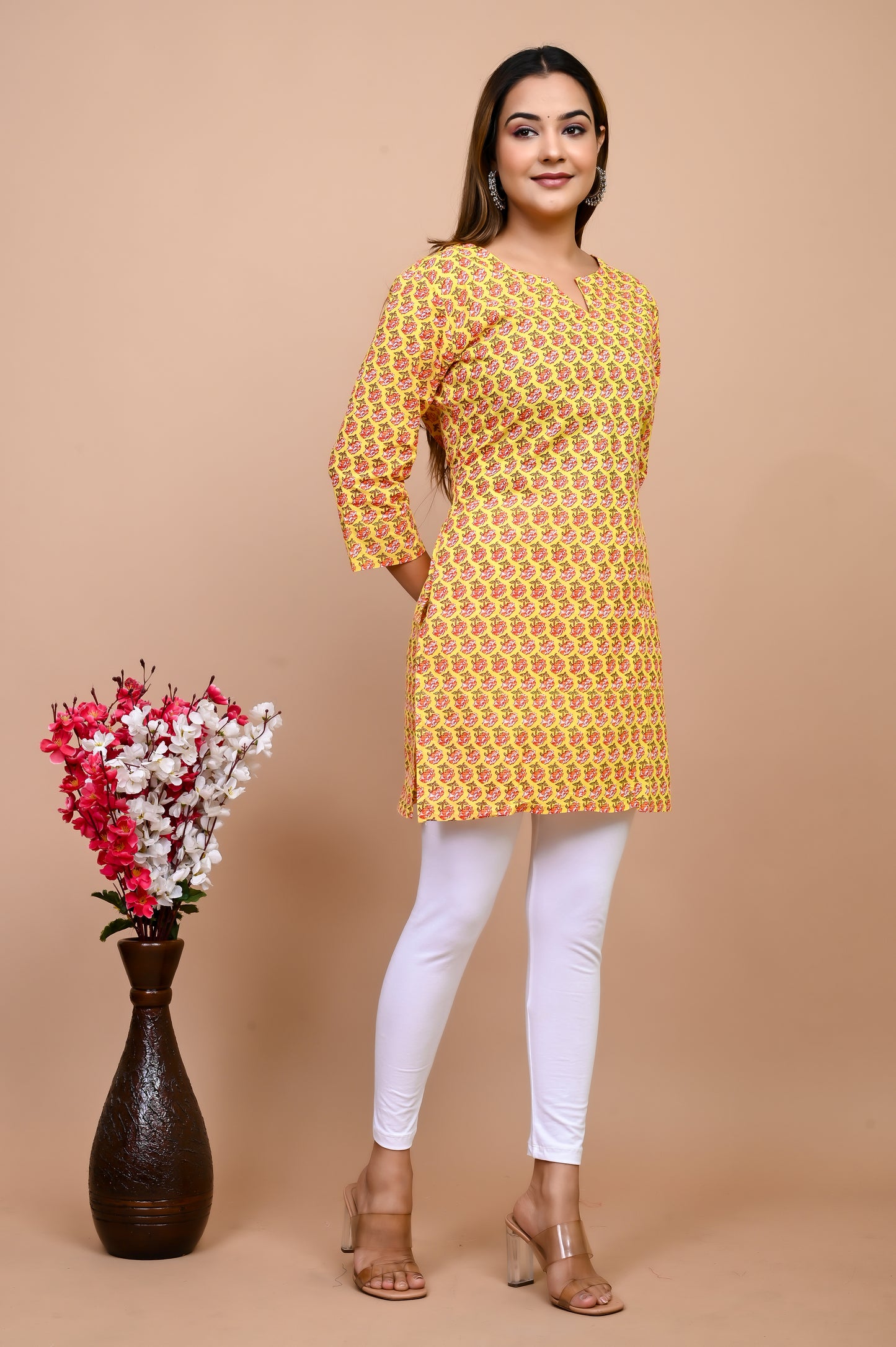 Jaipuri Yellow Butti 100% Cotton Short Kurti