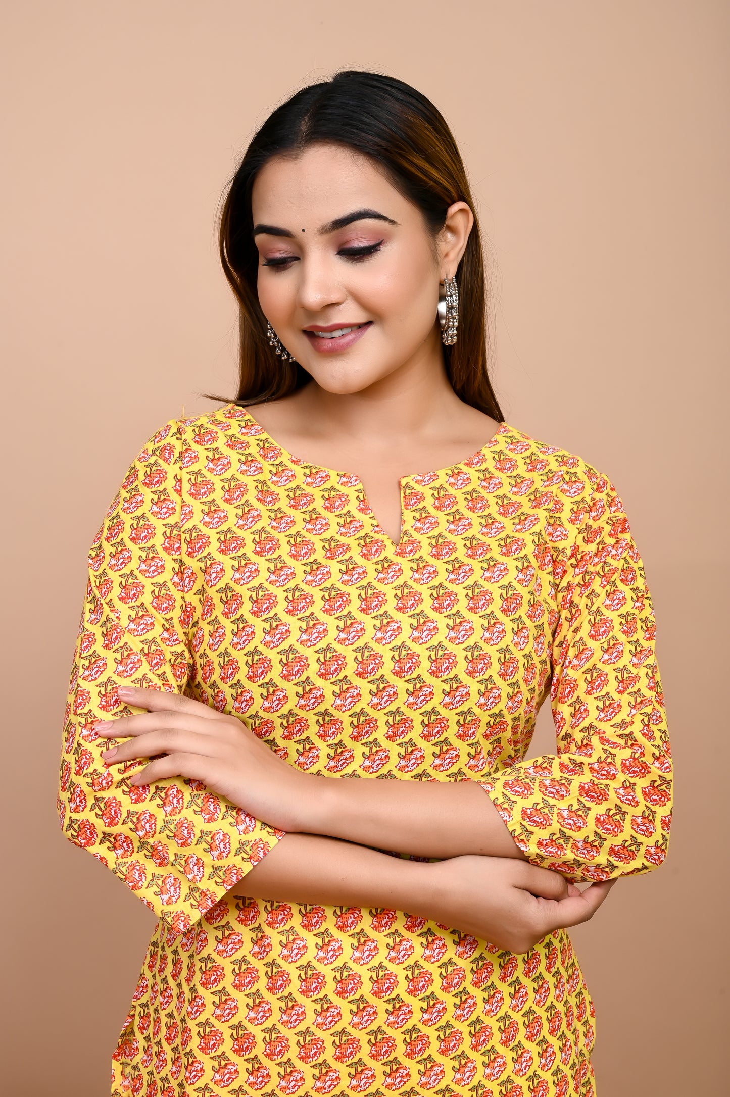 Jaipuri Yellow Butti 100% Cotton Short Kurti