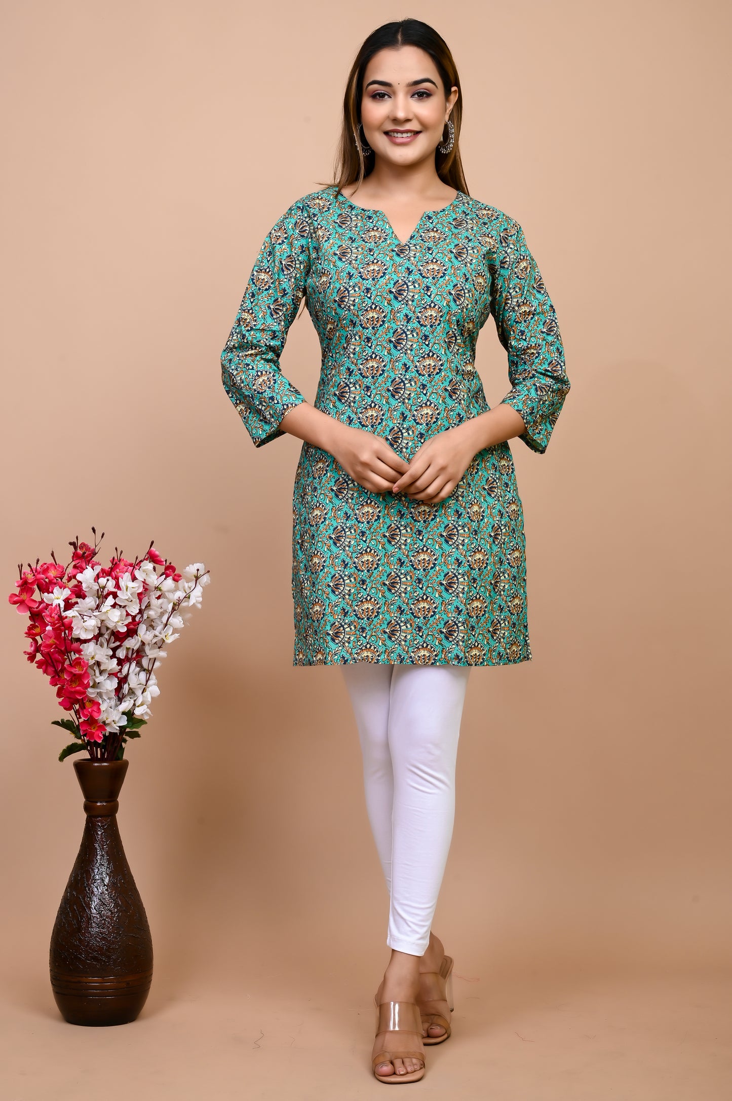 Jaipuri Sea Green Jaal 100% Cotton Short Kurti