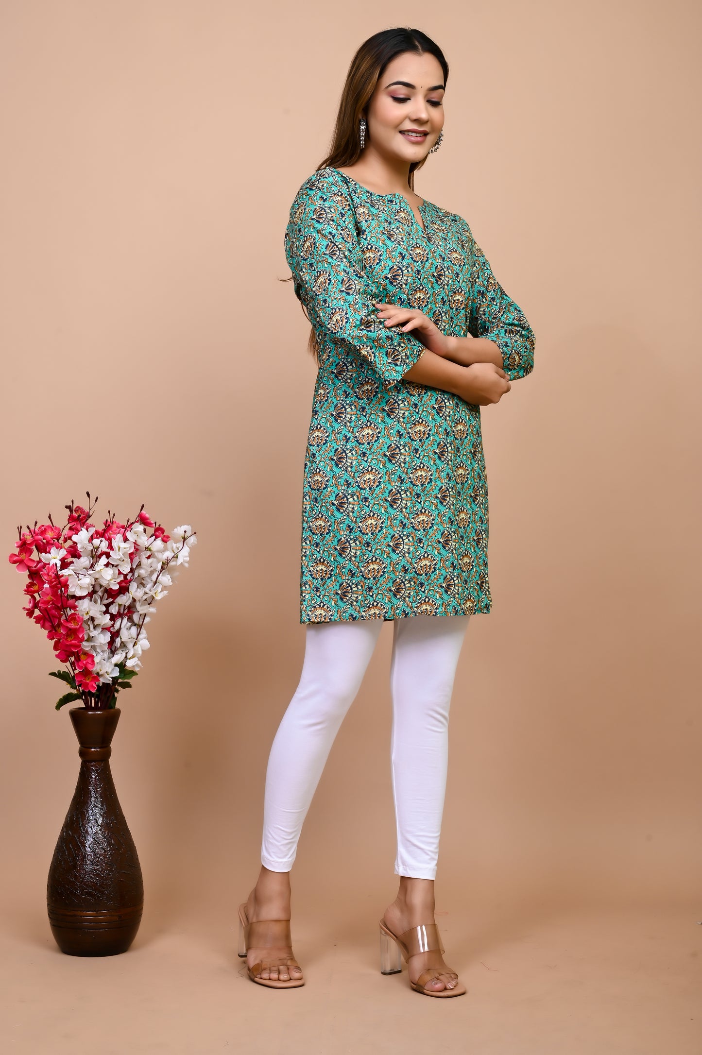 Jaipuri Sea Green Jaal 100% Cotton Short Kurti