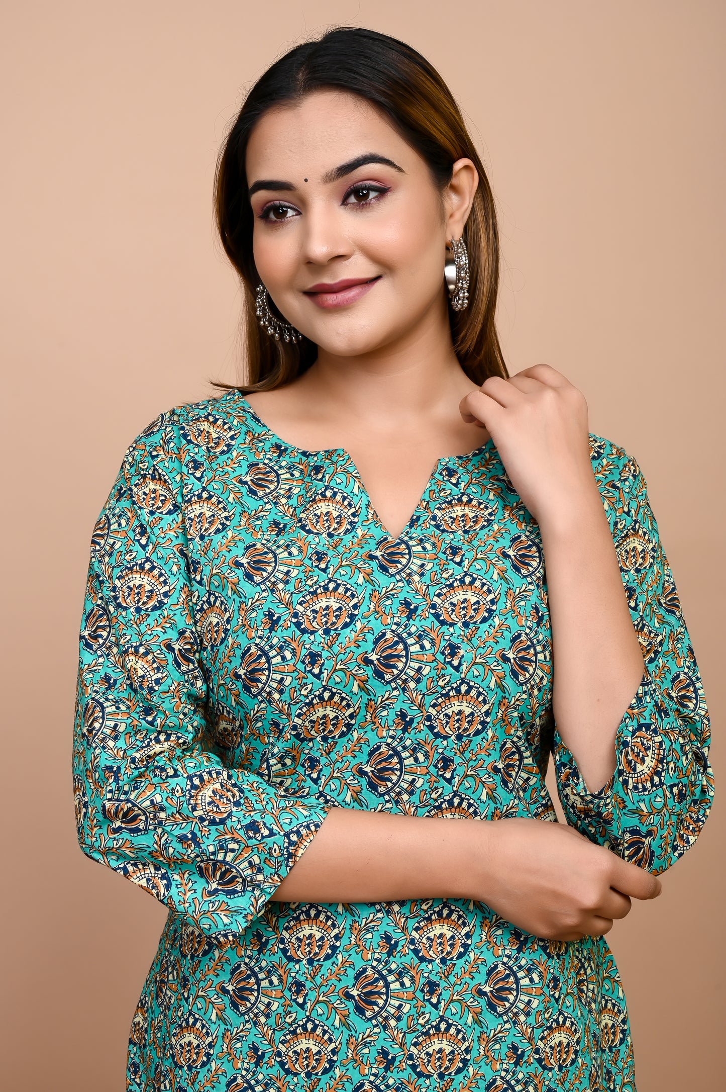 Jaipuri Sea Green Jaal 100% Cotton Short Kurti