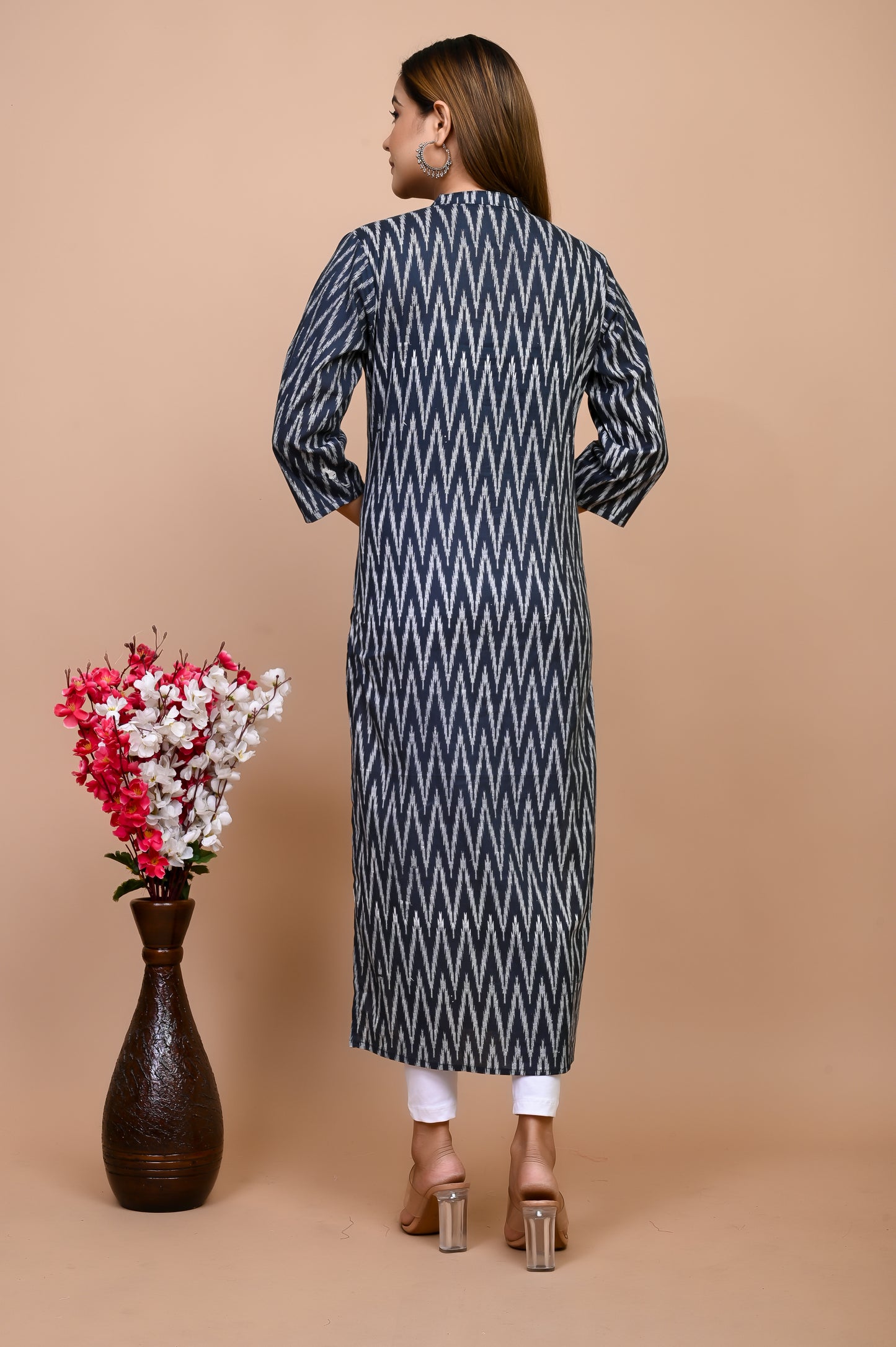 Jaipuri Anchor Grey Ikkat Print 100% Cotton Straight Kurti