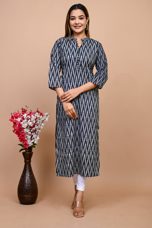 Jaipuri Anchor Grey Ikkat Print 100% Cotton Straight Kurti