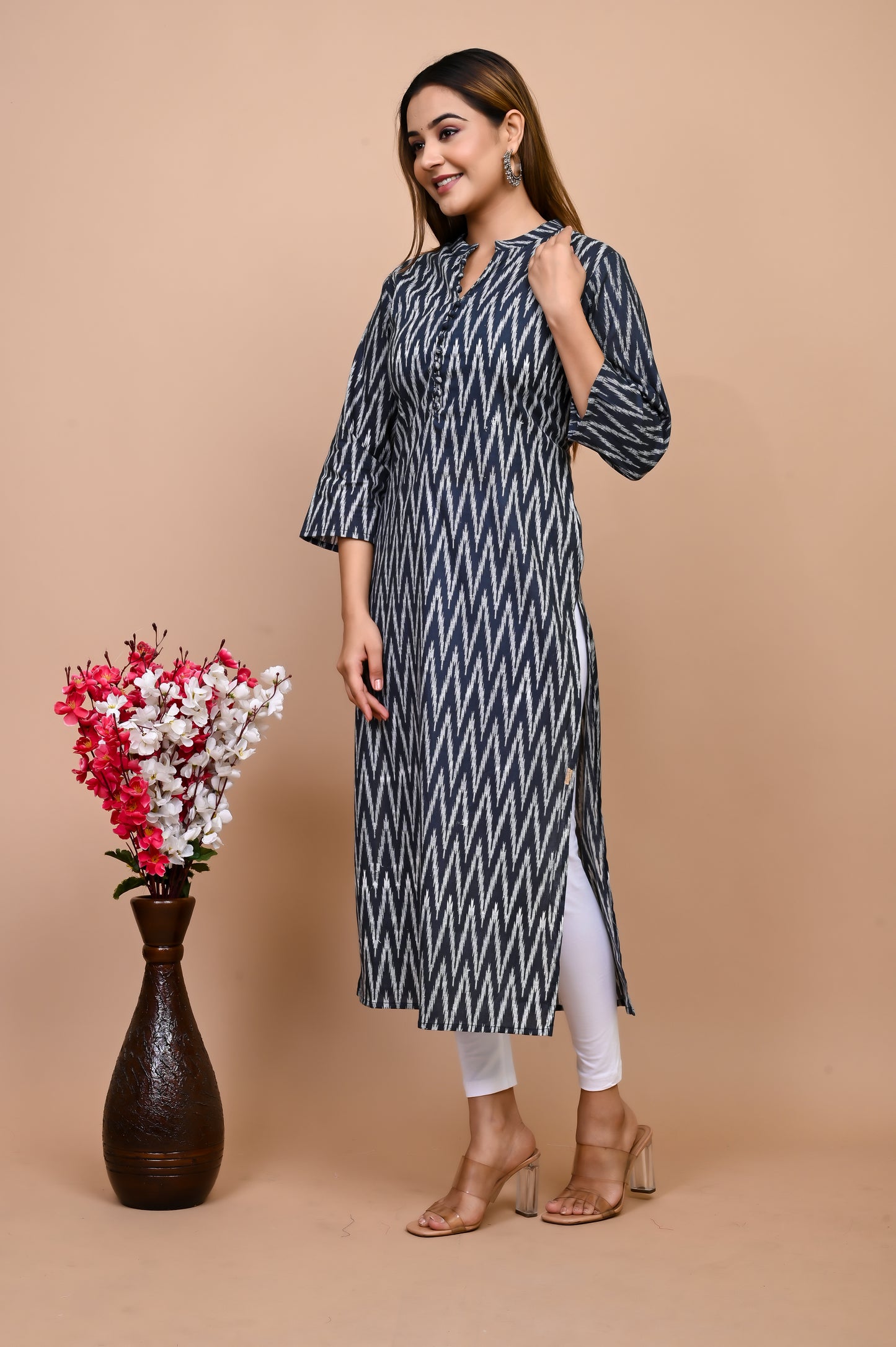 Jaipuri Anchor Grey Ikkat Print 100% Cotton Straight Kurti