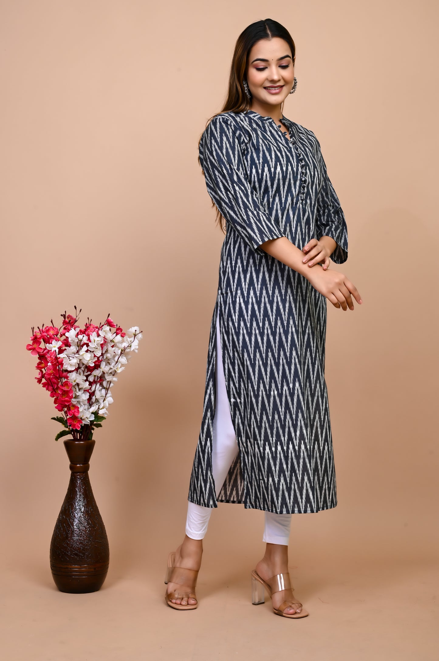 Jaipuri Anchor Grey Ikkat Print 100% Cotton Straight Kurti