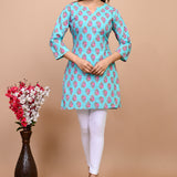 Jaipuri Bright Sky Flower 100% Cotton Short Kurti