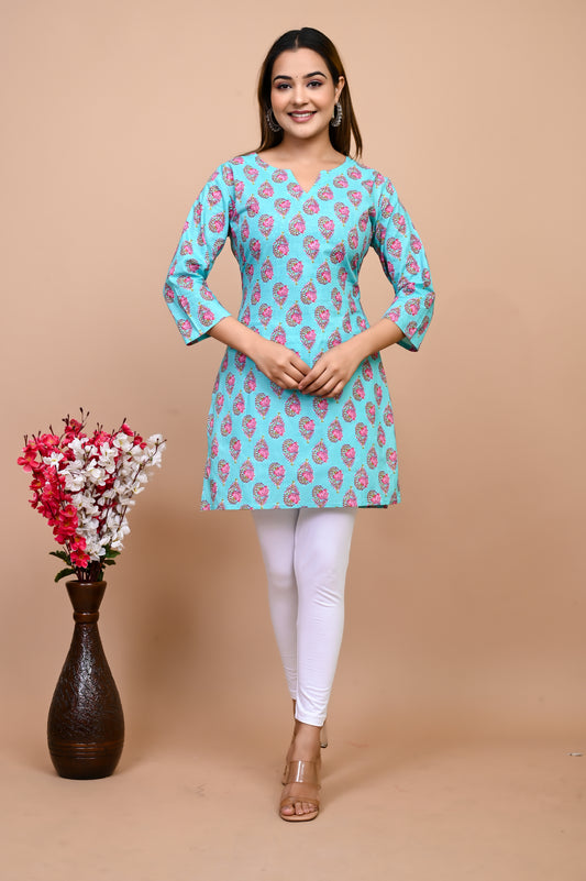 Jaipuri Bright Sky Flower 100% Cotton Short Kurti