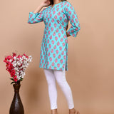 Jaipuri Bright Sky Flower 100% Cotton Short Kurti