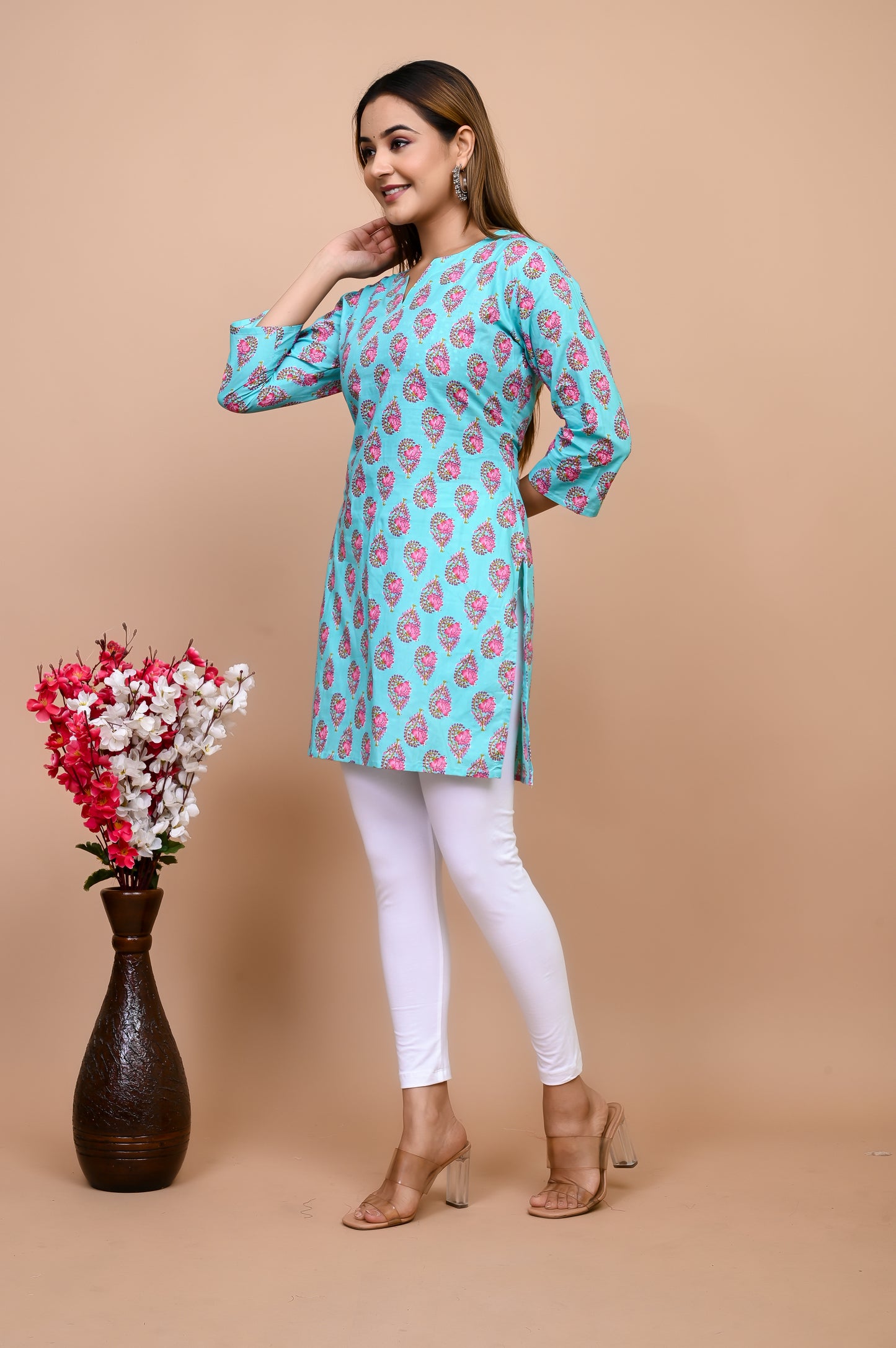 Jaipuri Bright Sky Flower 100% Cotton Short Kurti