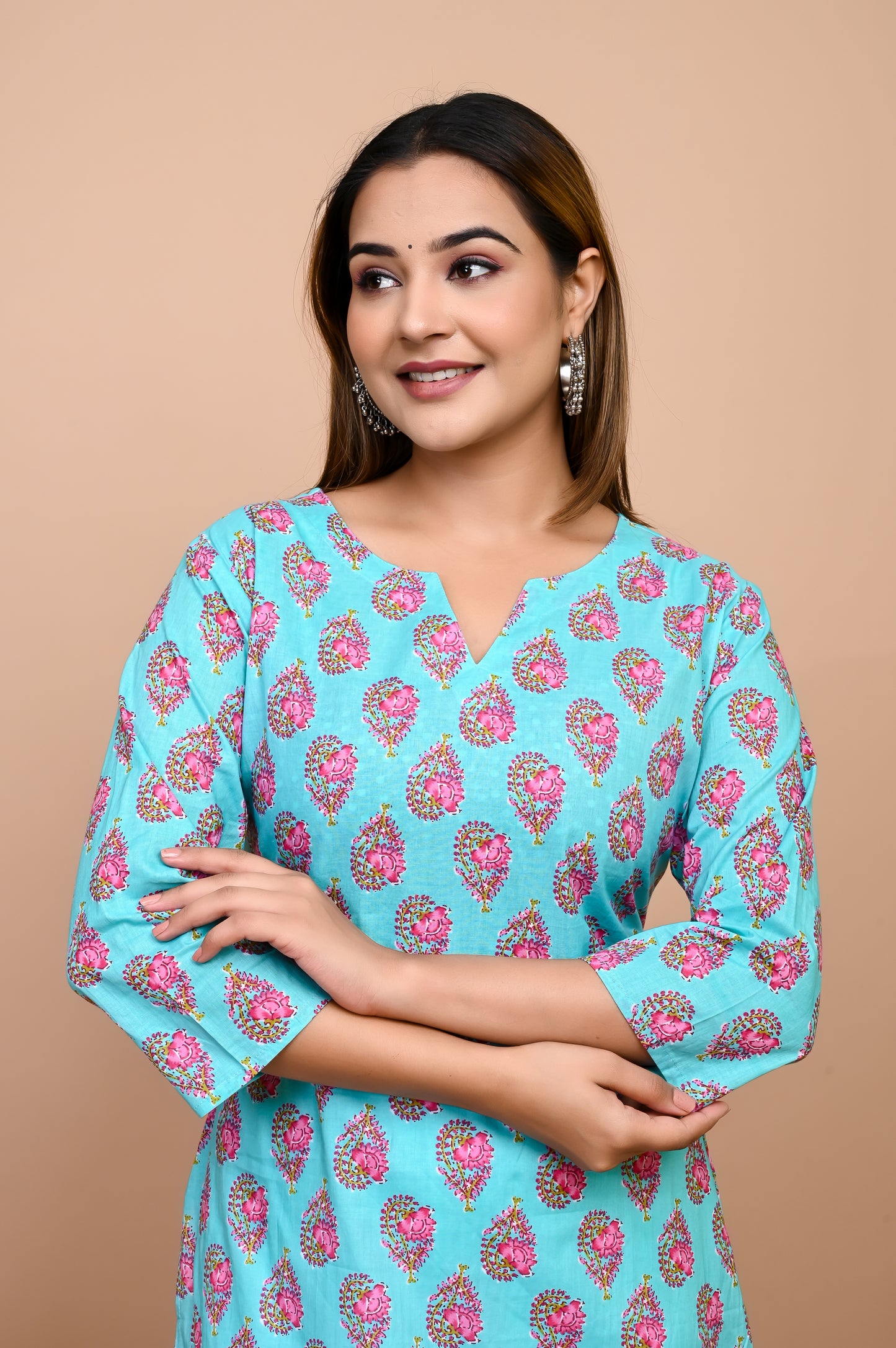 Jaipuri Bright Sky Flower 100% Cotton Short Kurti