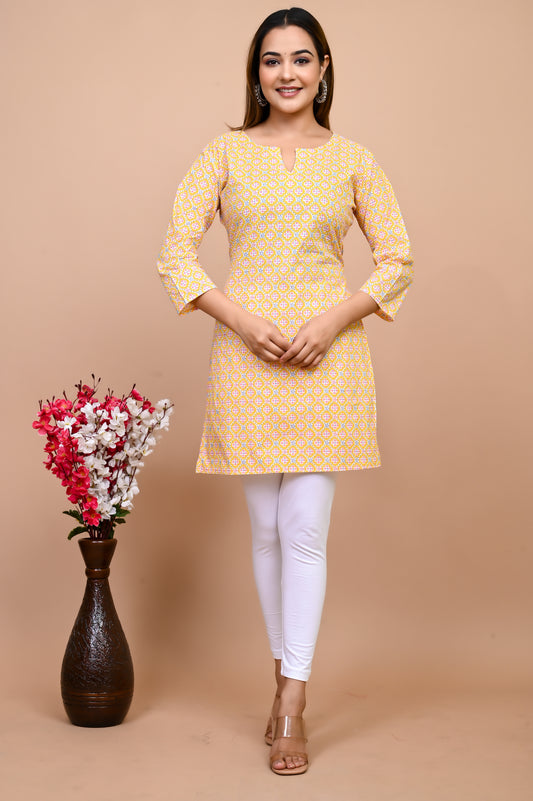 Jaipuri Yellow Jaal 100% Cotton Short Kurti