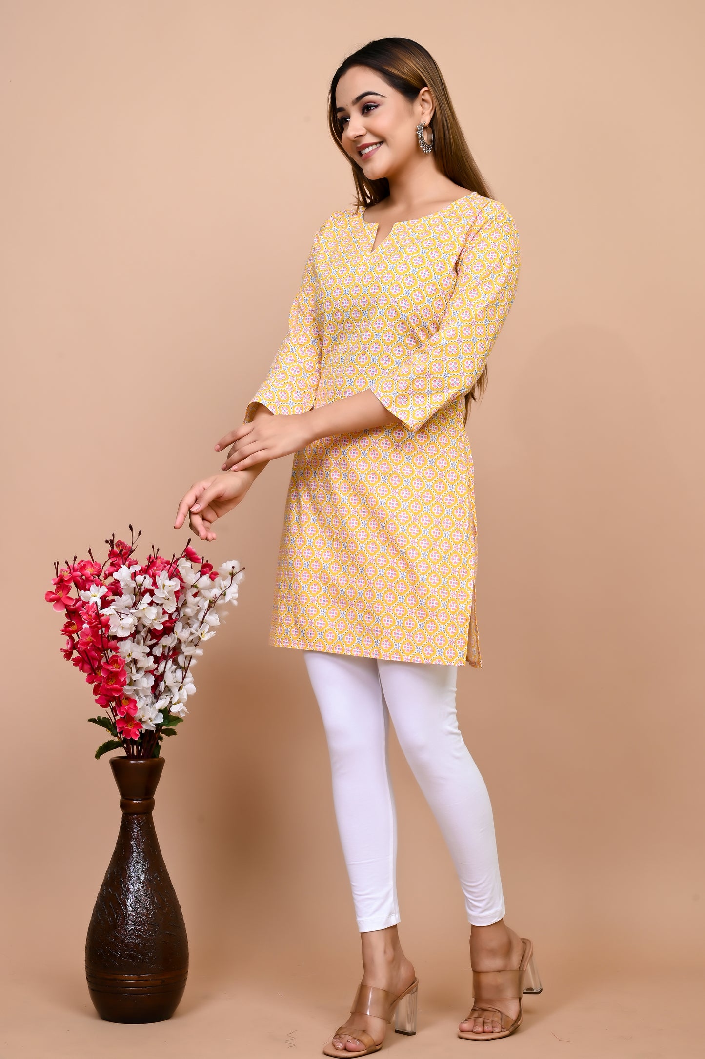 Jaipuri Yellow Jaal 100% Cotton Short Kurti