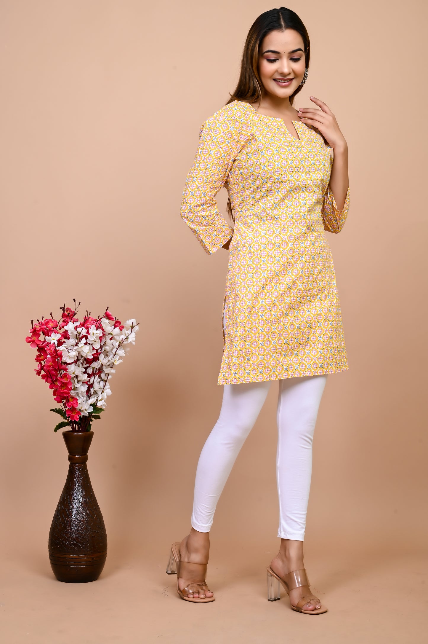 Jaipuri Yellow Jaal 100% Cotton Short Kurti