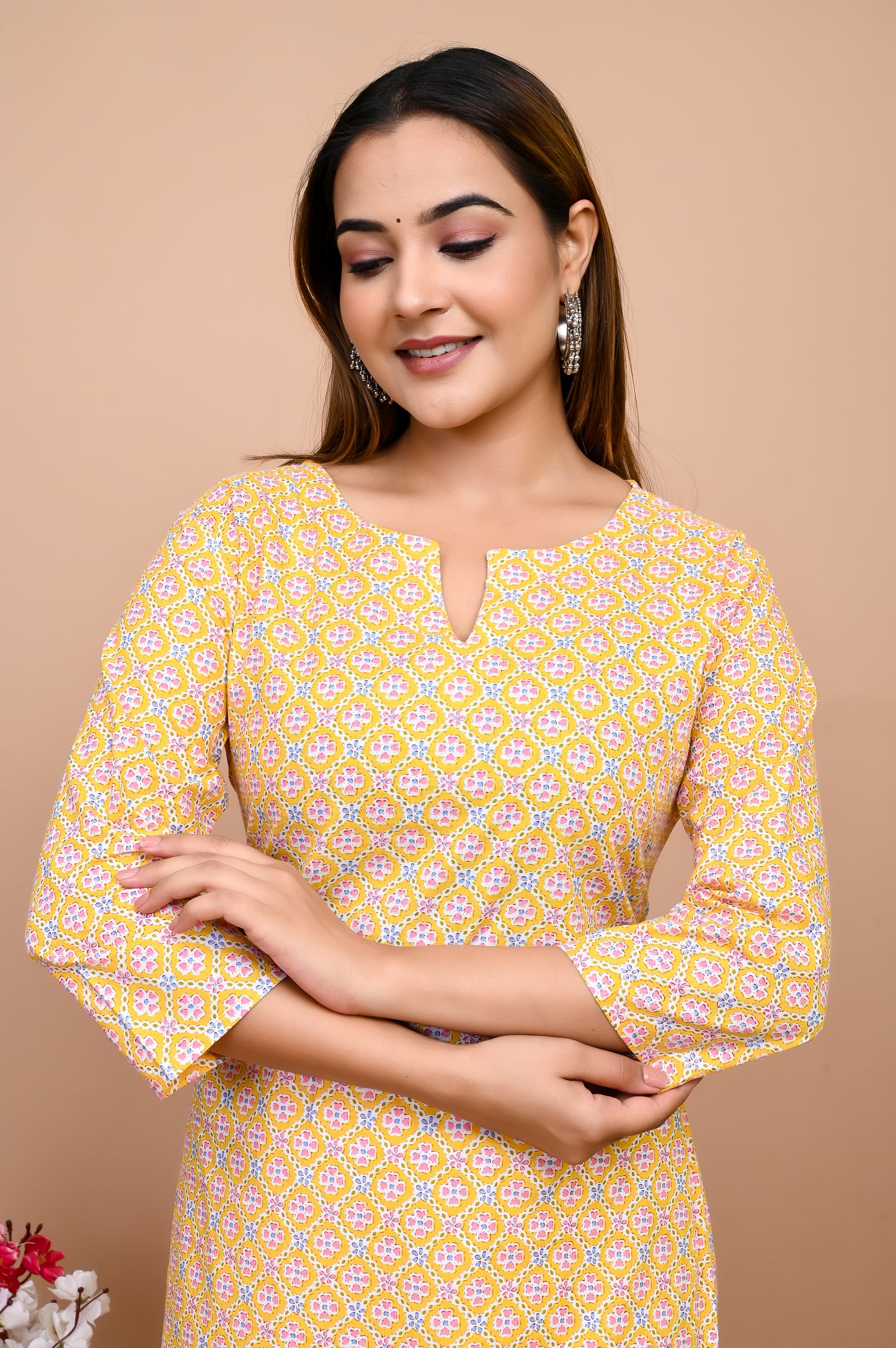 Jaipuri Yellow Jaal 100% Cotton Short Kurti