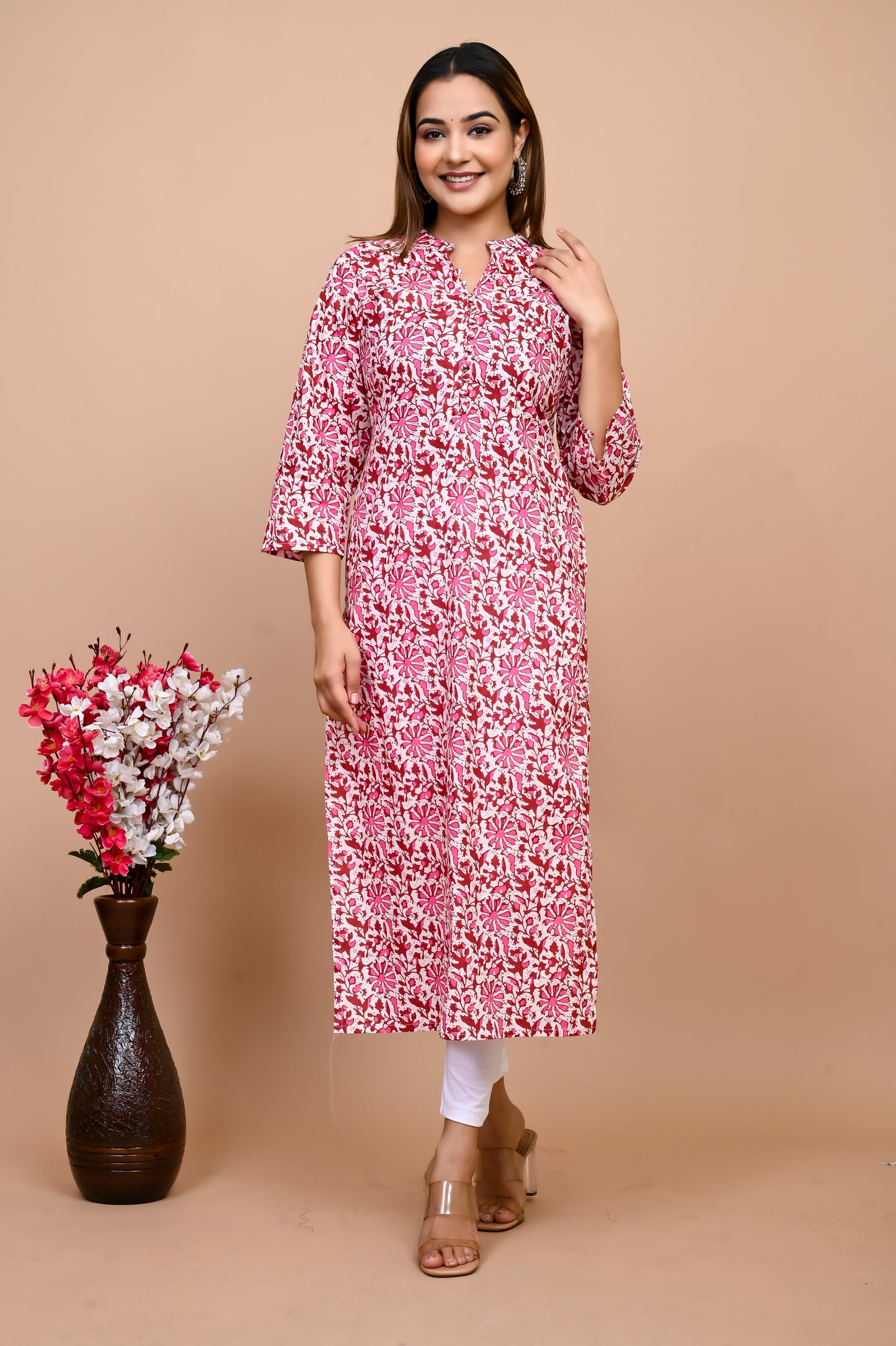 Jaipuri Bubble Gum Pink Jaal Print 100% Cotton Straight Kurti