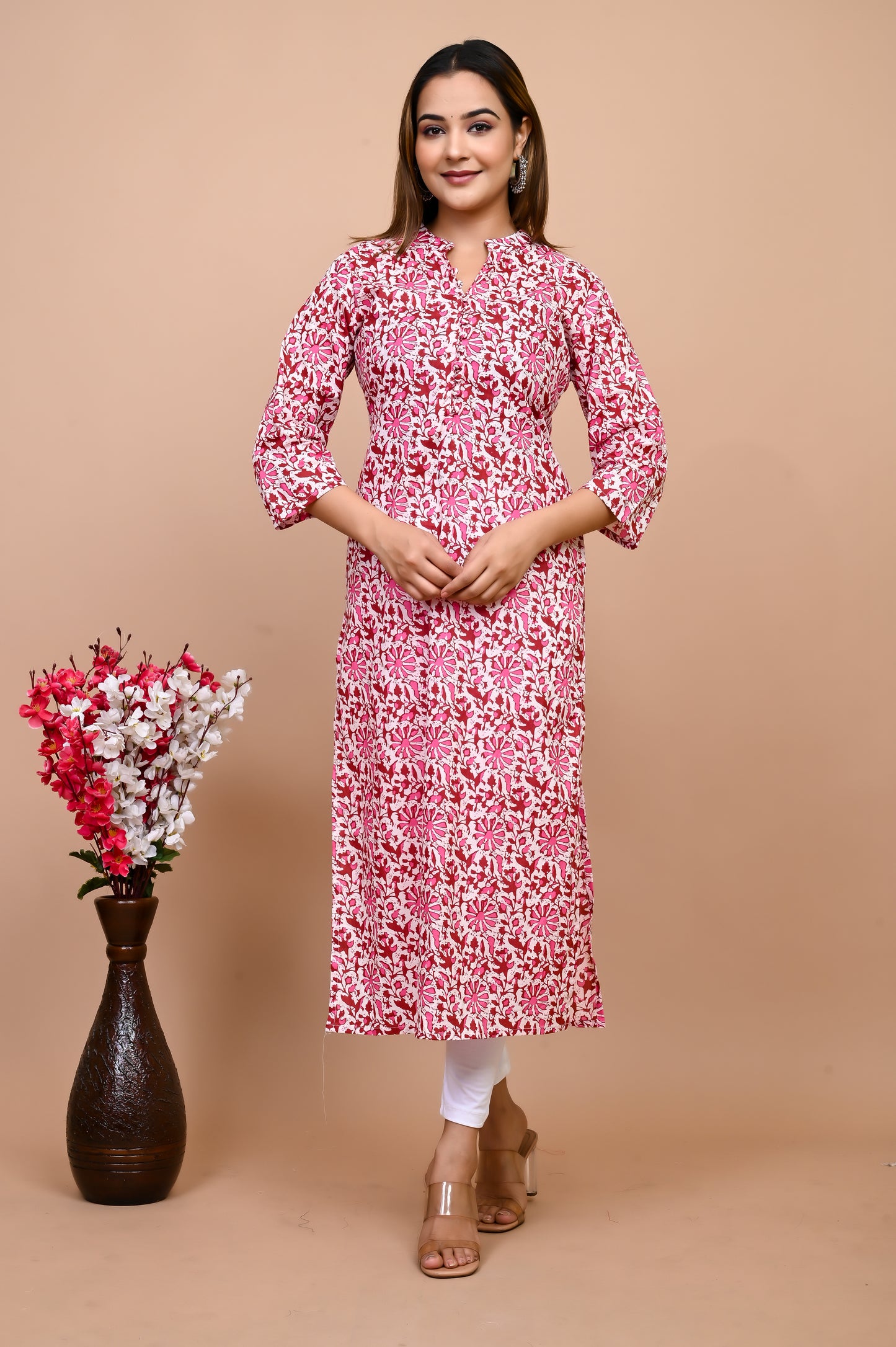 Jaipuri Bubble Gum Pink Jaal Print 100% Cotton Straight Kurti